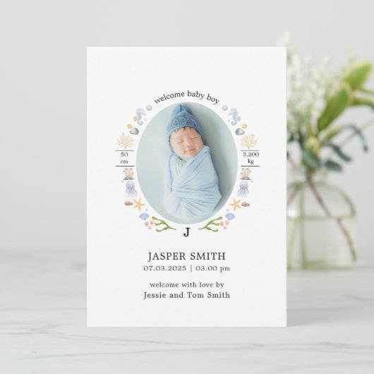 Ocean Birth Aankondiging – Minimalistisch en moder (Staand voorkant)