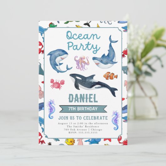 Ocean Birthday Party uitnodiging (Staand voorkant)