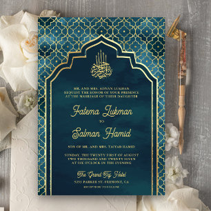 Ocean Blauw Goud Marokkaanse Boog Moslim Trouwdag Kaart
