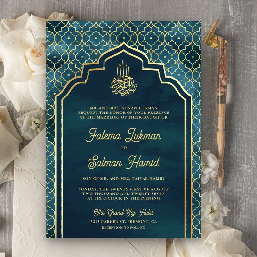 Ocean Blauw Goud Marokkaanse Boog Moslim Trouwdag Kaart