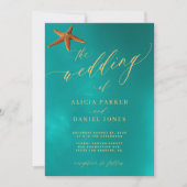 Ocean blauw gouden script strand bestemming bruilo kaart (Voorkant)