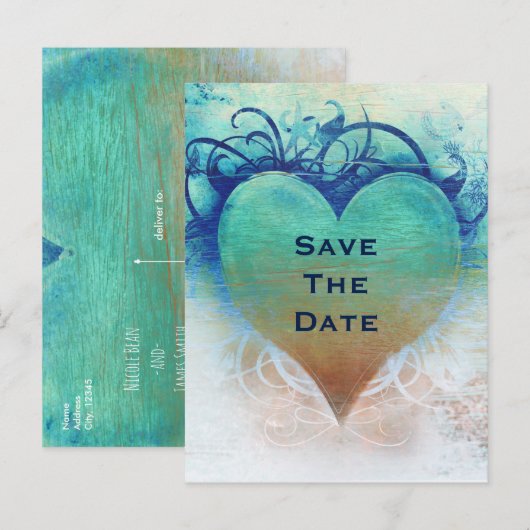 Ocean Blauw Hart Grunge Strand Tropisch Aankondigingskaart (Voorkant / Achterkant)