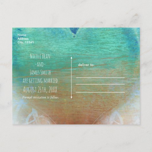 Ocean Blauw Hart Grunge Strand Tropisch Aankondigingskaart (Achterkant)