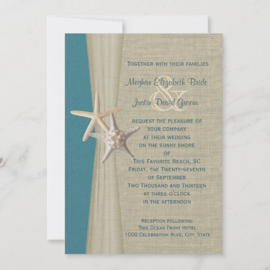 Ocean Blauwgroen Burlap en Starfish Beach Bruiloft Kaart (Achterkant)