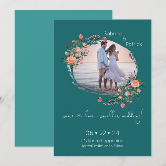 Ocean Blauwgroen Photo Lijst Floral Save The Date (Voorkant / Achterkant)