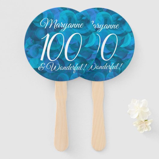 Ocean Blue 100 en Wonderful Birthday Party Handwaaier (Voorkant en achterkant)