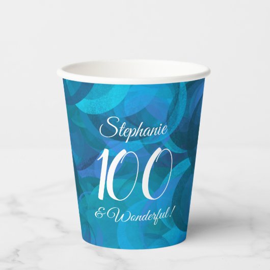 Ocean Blue 100 en Wonderful Birthday Party Papieren Bekers (Voorkant)