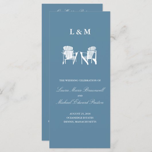Ocean Blue Adirondack Stoelen Ceremonie Programma Programmakaart (Voorkant / Achterkant)