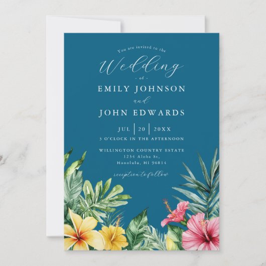 Ocean Blue All in One Tropical Flowers Wedding Kaart (Voorkant)