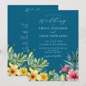 Ocean Blue All in One Tropical Flowers Wedding Kaart (Voorkant / Achterkant)
