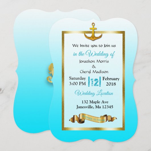 Ocean Blue Anchor Gold Wedding Uitnodiging (Voorkant / Achterkant)