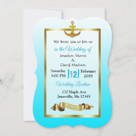 Ocean Blue Anchor Gold Wedding Uitnodiging