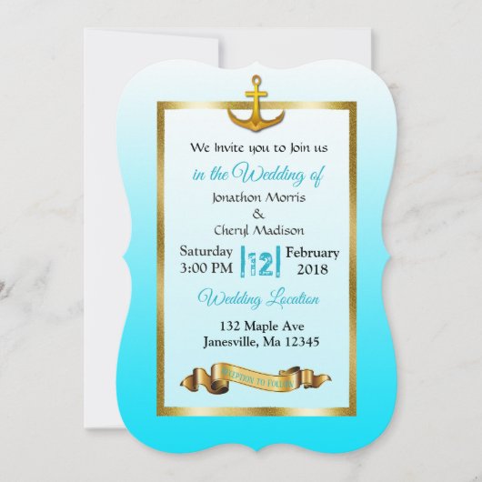 Ocean Blue Anchor Gold Wedding Uitnodiging (Voorkant)