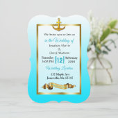 Ocean Blue Anchor Gold Wedding Uitnodiging (Staand voorkant)