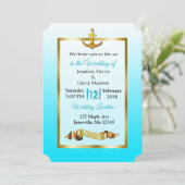 Ocean Blue Anchor Gold Wedding Uitnodiging (Staand voorkant)