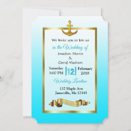 Ocean Blue Anchor Gold Wedding Uitnodiging