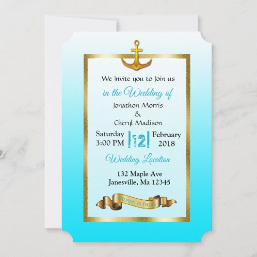 Ocean Blue Anchor Gold Wedding Uitnodiging (Voorkant)
