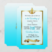 Ocean Blue Anchor Gold Wedding Uitnodiging (Voorkant / Achterkant)