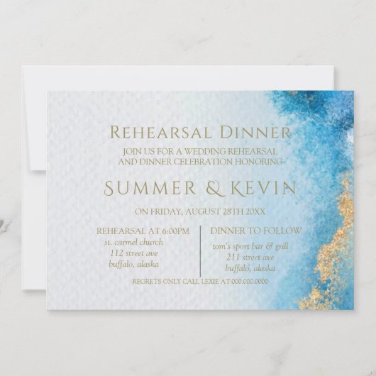 Ocean Blue and Gold Agate Rehearsal Dinner Kaart (Voorkant)