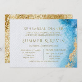 Ocean Blue and Gold Agate Rehearsal Dinner Kaart