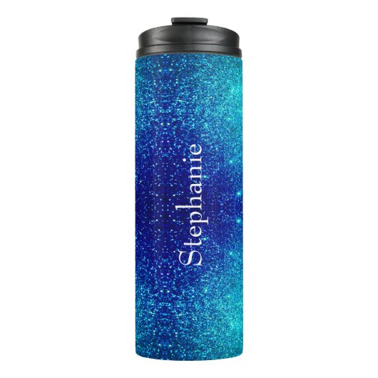 Ocean Blue Blauwgroen Glittery Ombre Custom Name C Thermosbeker (Voorkant)