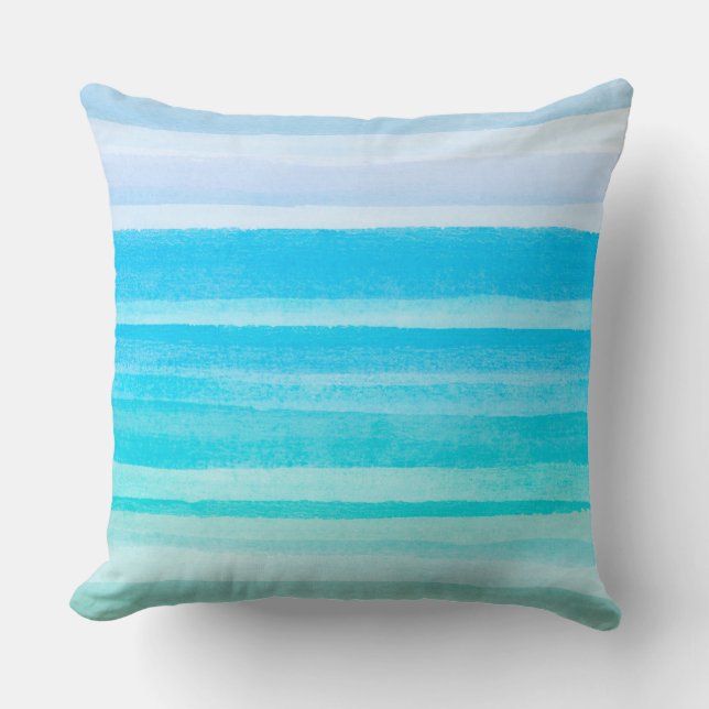 Ocean Blue Blauwgroen Waterverf Ombre Stripe Kussen (Voorkant)