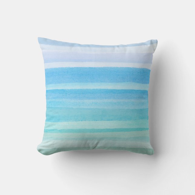 Ocean Blue Blauwgroen Waterverf Ombre Stripe Kussen (Voorkant)