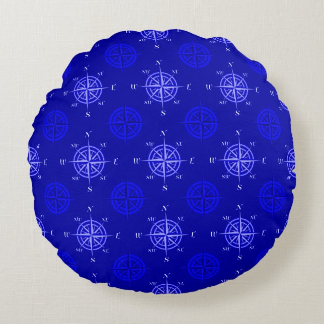 Ocean Blue Compass Roos Rond Kussen (Voorkant)