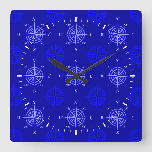 Ocean Blue Compass Roos Vierkante Klok (Voorkant)