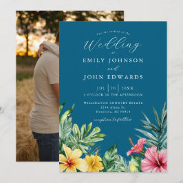 Ocean Blue Elegante Tropische Bloemen Fotobruiloft Kaart