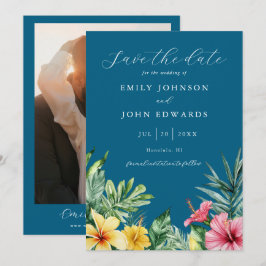 Ocean Blue Elegante Tropische Bloemen Fotobruiloft Save The Date