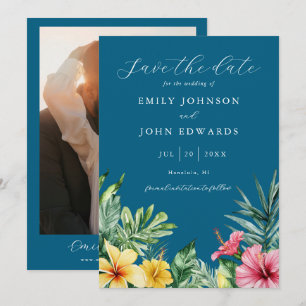 Ocean Blue Elegante Tropische Bloemen Fotobruiloft Save The Date