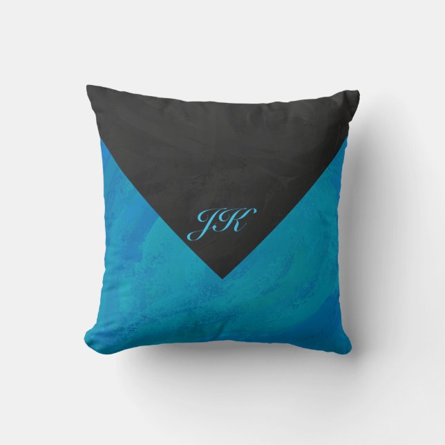 Ocean Blue en Black Monogram Kussen (Voorkant)