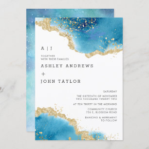 Ocean Blue en Gold Abstract Wedding Invitation Kaart