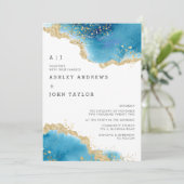 Ocean Blue en Gold Abstracte bruiloft Kaart (Staand voorkant)