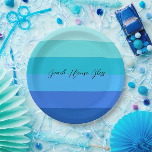 Ocean Blue en Green Striped Papieren Bordje (Feest)