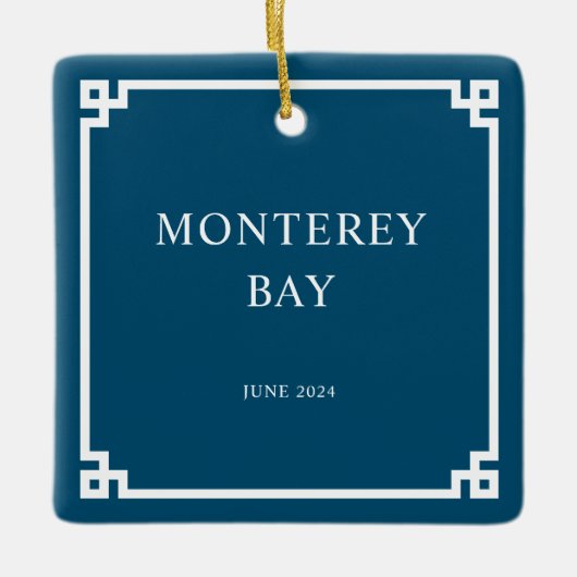 Ocean Blue en White Griekse Key Border Familiefoto Keramisch Ornament (Voorkant)