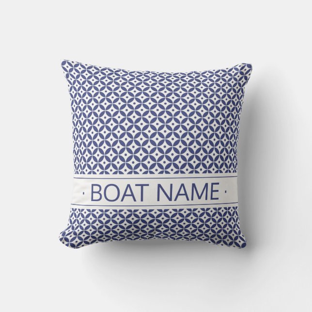 Ocean Blue en White Small Geometric Pattern. Boat Buitenkussen (Voorkant)