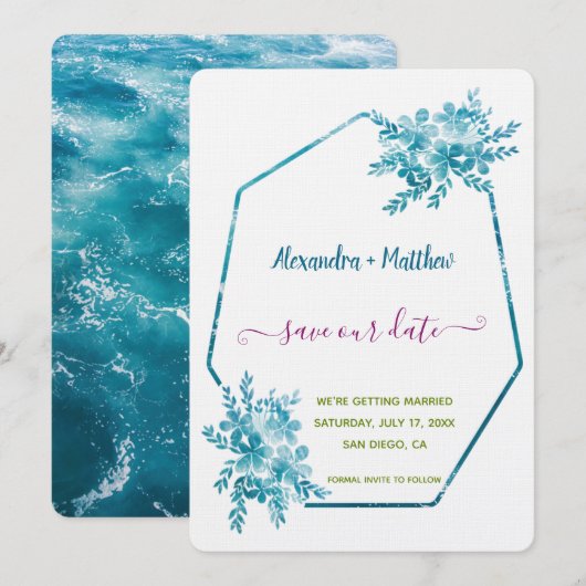 Ocean Blue Floral Bewaar de datum Save The Date (Voorkant / Achterkant)
