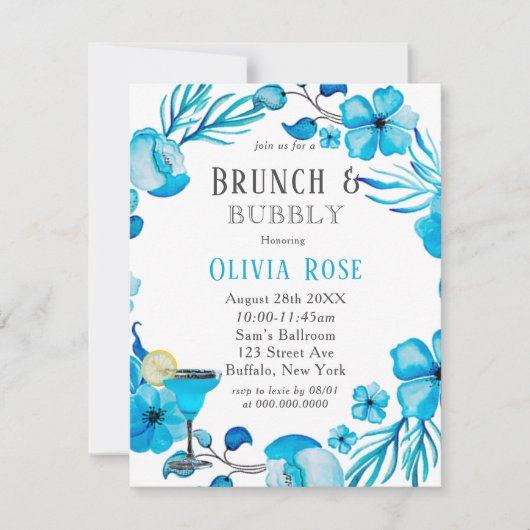 Ocean Blue Floral Brunch en Bubble Invitation Kaart (Voorkant)