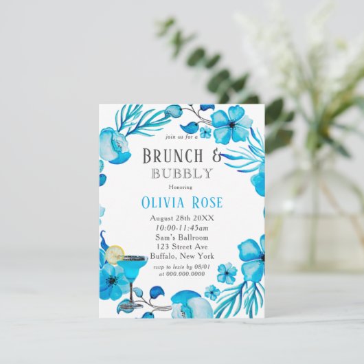 Ocean Blue Floral Brunch en Bubble Invitation Kaart (Staand voorkant)