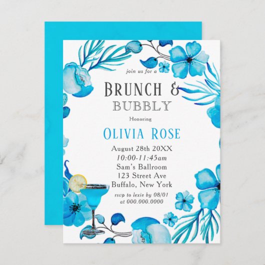 Ocean Blue Floral Brunch en Bubble Invitation Kaart (Voorkant / Achterkant)