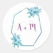 Ocean Blue Floral Initiaal Monogram bruiloft Stick Ronde Sticker (Voorkant)