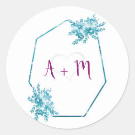Ocean Blue Floral Initiaal Monogram bruiloft Stick Ronde Sticker