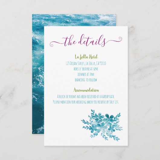 Ocean Blue Floral Wedding Enclosure Kaarten (Voorkant / Achterkant)