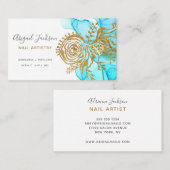 Ocean Blue Gold Abstracte Waterverf Nail Artistry Visitekaartje (Voorkant / Achterkant)