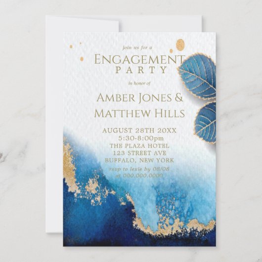 Ocean Blue Gold Agate Engagement Party Kaart (Voorkant)