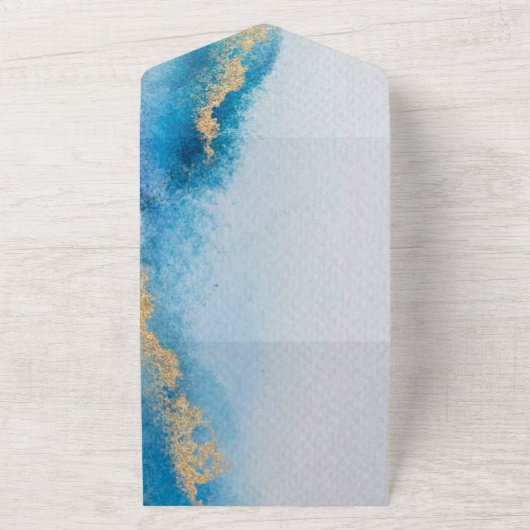 Ocean Blue Gold Agate Wedding All In One Uitnodiging (Buitenkant)