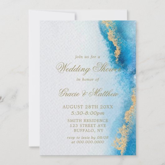 Ocean Blue Gold Agate Wedding Shower-uitnodigingen (Voorkant)