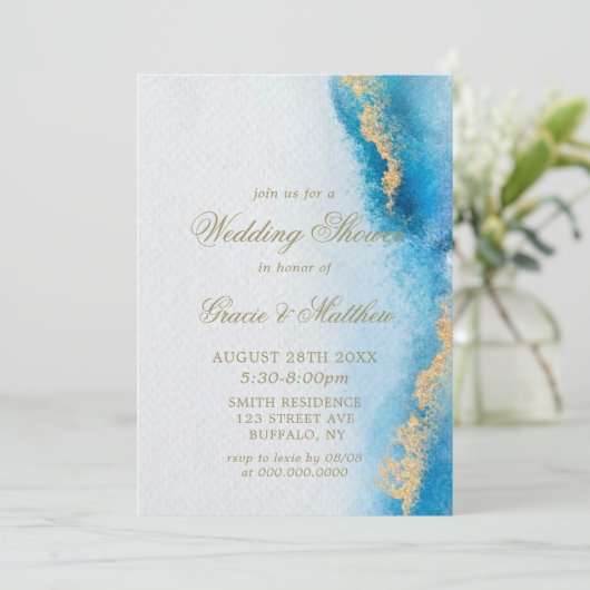 Ocean Blue Gold Agate Wedding Shower-uitnodigingen (Staand voorkant)